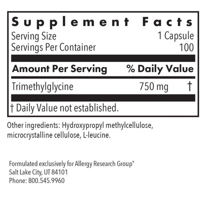 Allergy Research Group TMG Trimethylglycine 750mg 100vc