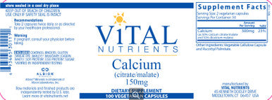 Vital Nutrients Calcium (Citrate/Malate) 150mg 100vc