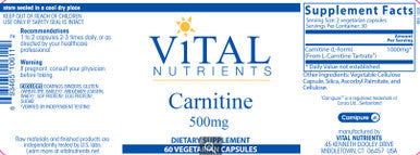 Vital Nutrients Carnitine 500mg 60vc