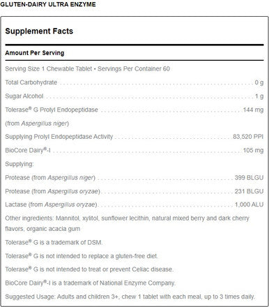 Douglas Laboratories Gluten Dairy Ultra Enzyme Berry flavor 60 chewable tablets