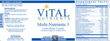 Vital Nutrients Multi-Nutrients 3 Citrate/Malate Formula (without Copper & without Iron) 180vc