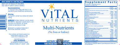 Vital Nutrients Multi-Nutrients (No Iron or Iodine) 180vc