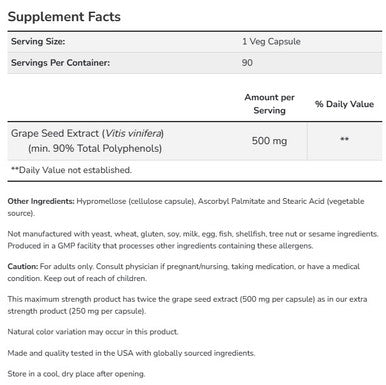 Now Foods Grape Seed Extract 500 mg Maximum Strength 90 veg capsules