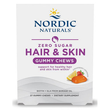 Nordic Naturals Hair & Skin Zero Sugar 27 gummy chews strawberry lemonade flavor