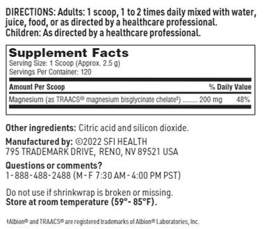 SFI Health Magnesium Glycinate Powder 300 grams (10.58oz)