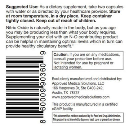 Nitric Oxide (N-O) cardiovascular support, promotes circulation, undetectable oxalates, Approved Medical Solutions