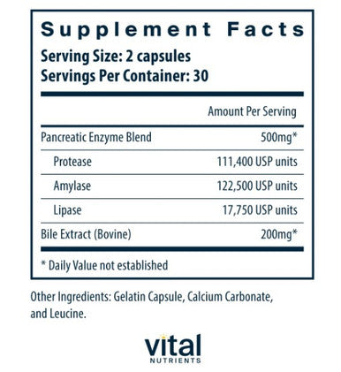 Vital Nutrients Pancreatin & Ox Bile Extract 60c