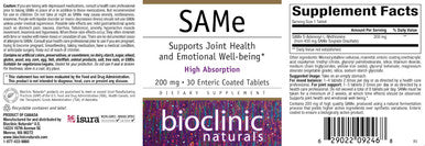 Bioclinic Naturals SAMe 30 Enteric Coated Tablets