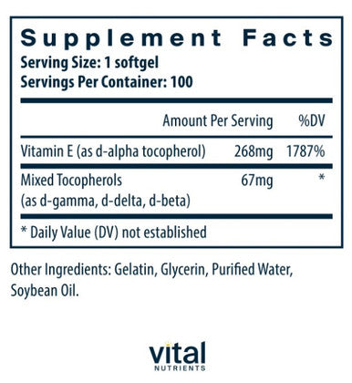 Vital Nutrients Vitamin E (with mixed tocopherols) 100sg