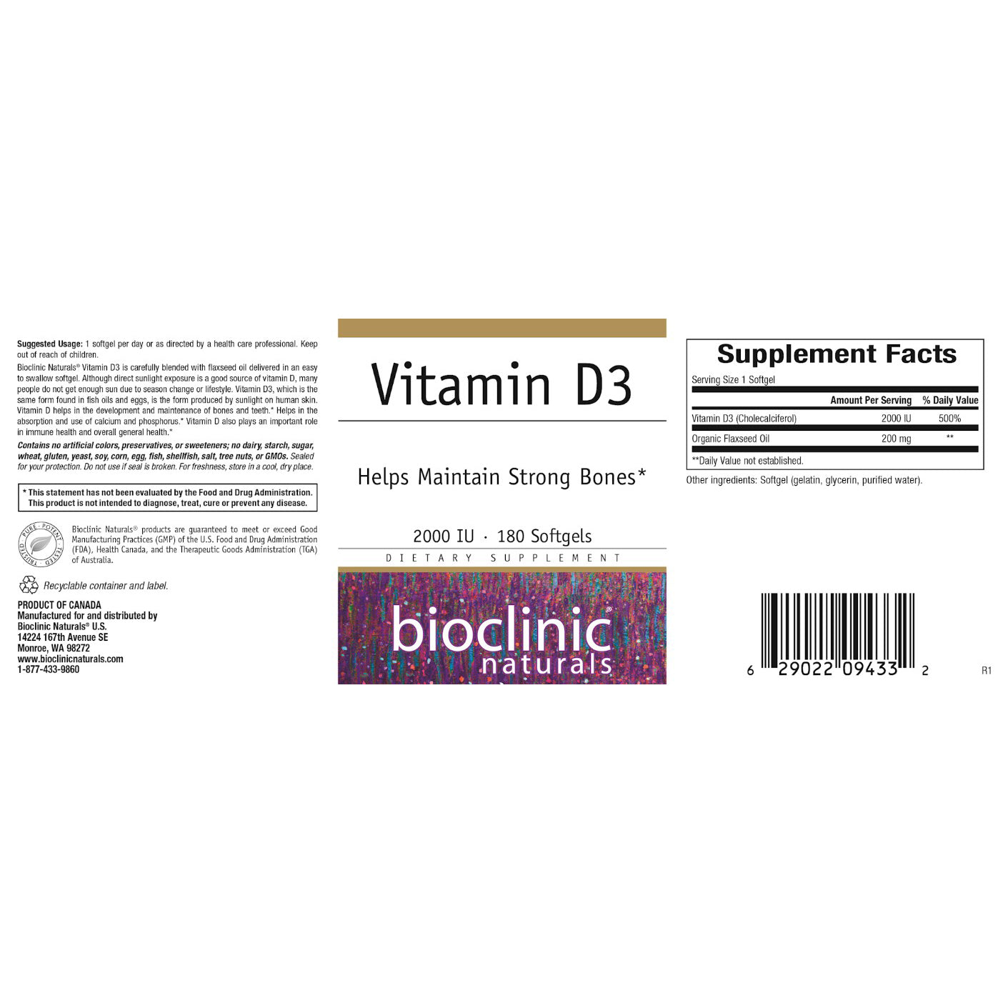 Bioclinic Naturals Vitamin D3 2000 IU 180 softgels